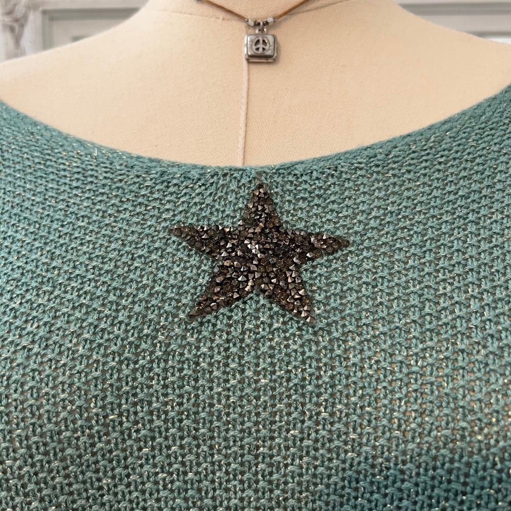 vintage turquoise iridescent fairy mermaid knit long sleeve top with beaded star - Picture 3 of 5